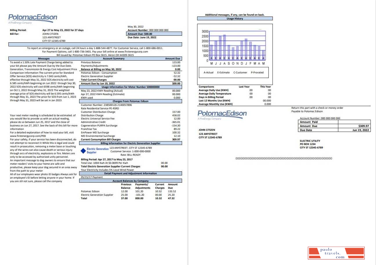 USA Maryland Potomac Edison utility bill, Word and PDF template, 2 pages